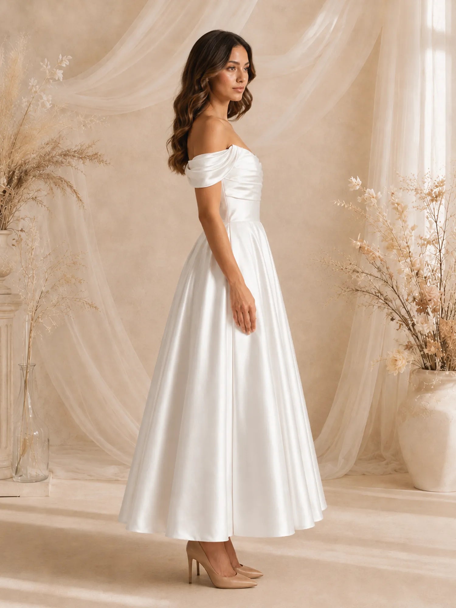 Off-The-Shoulder Pleated Satin Tea-Length Wedding Dress with Corset Back