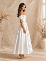 Off-The-Shoulder Pleated Satin Tea-Length Wedding Dress with Corset Back