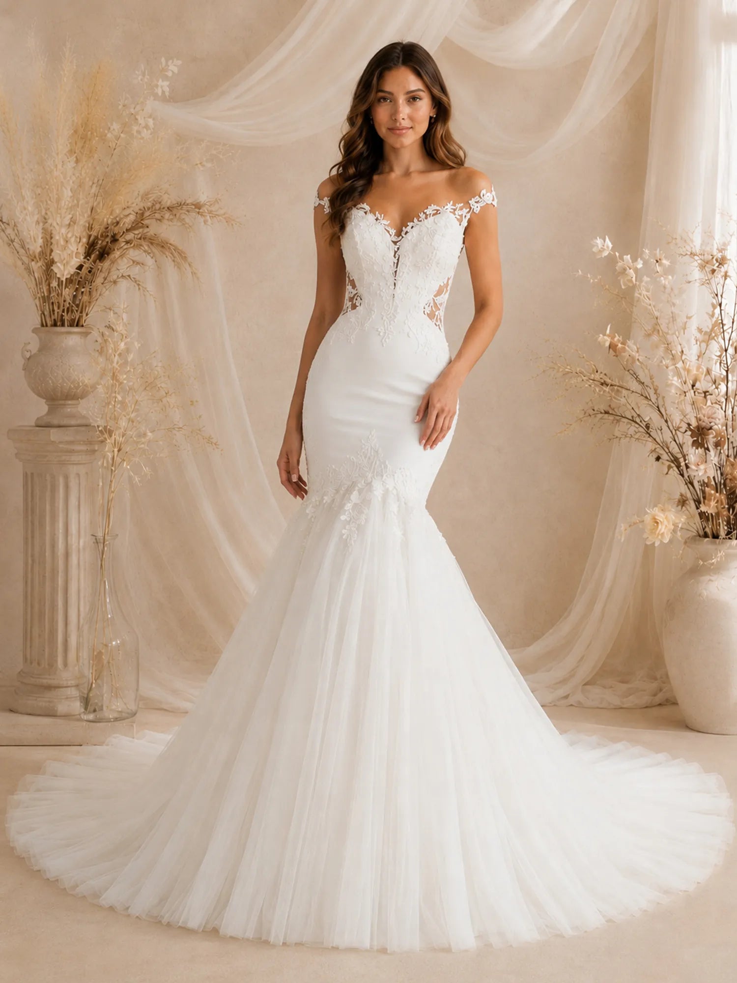 Elegant Off-The-Shoulder Mermaid White Lace Wedding Dress with Chapel Train