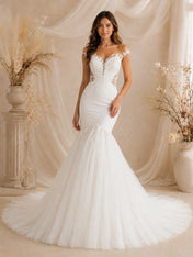 Elegant Off-The-Shoulder Mermaid White Lace Wedding Dress with Chapel Train