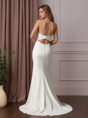 White Mermaid V-Neck Stretch Crepe Wedding Dress
