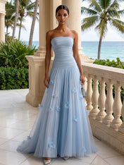 Light Blue Evening Dress with 3D Flower Strapless Pleat Maxi Dress
