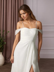 White A-Line Off the Shoulder Chiffon Wedding Dress