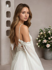 White A-Line Off The Shoulder Sleeveless Sequins Chiffon Wedding Dress