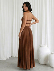 Brown Sweetheart Satin A Line Hollowed Maxi Dress with Pleat