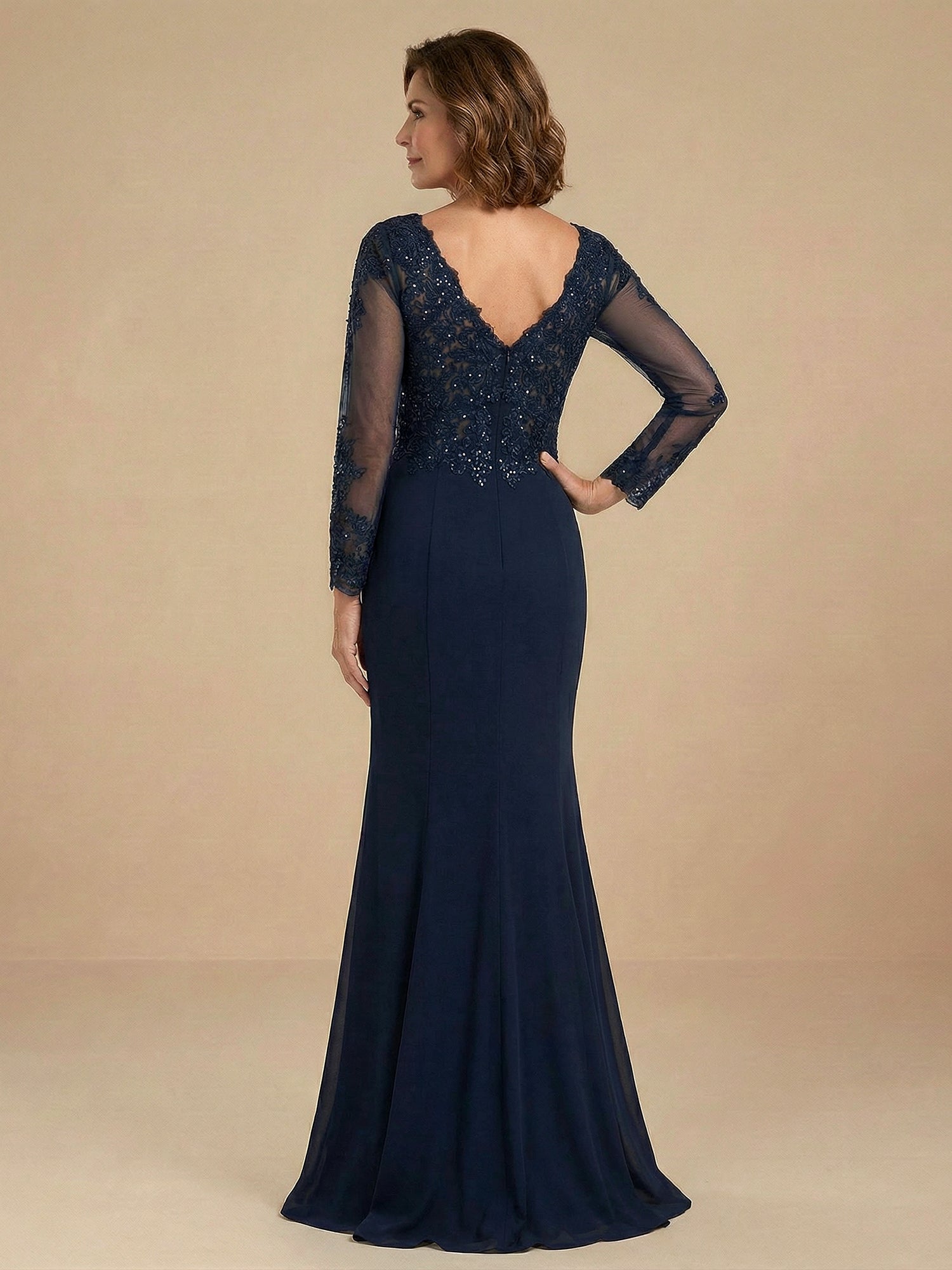 Long Sleeves V Neck Mermaid Sparky Sequins Mother of the Brides Dress for Women