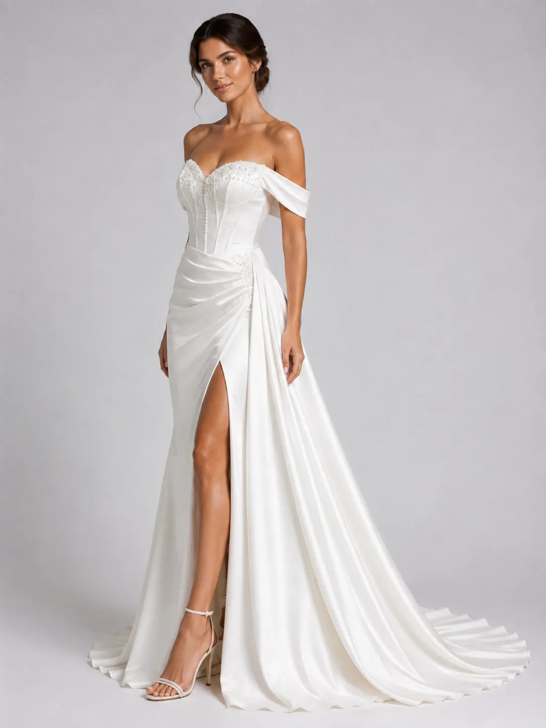 Elegant Off-Shoulder Satin Wedding Dress with Sweetheart Neckline, Side Slit and Chapel Train