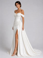 Elegant Off-Shoulder Satin Wedding Dress with Sweetheart Neckline, Side Slit and Chapel Train