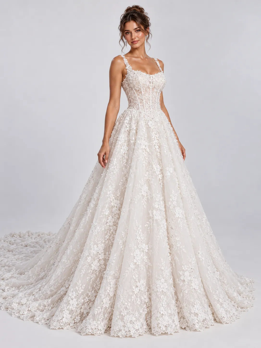 Square Neckline Beaded Lace Applique Ball Gown Wedding Dress