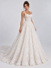 Square Neckline Beaded Lace Applique Ball Gown Wedding Dress