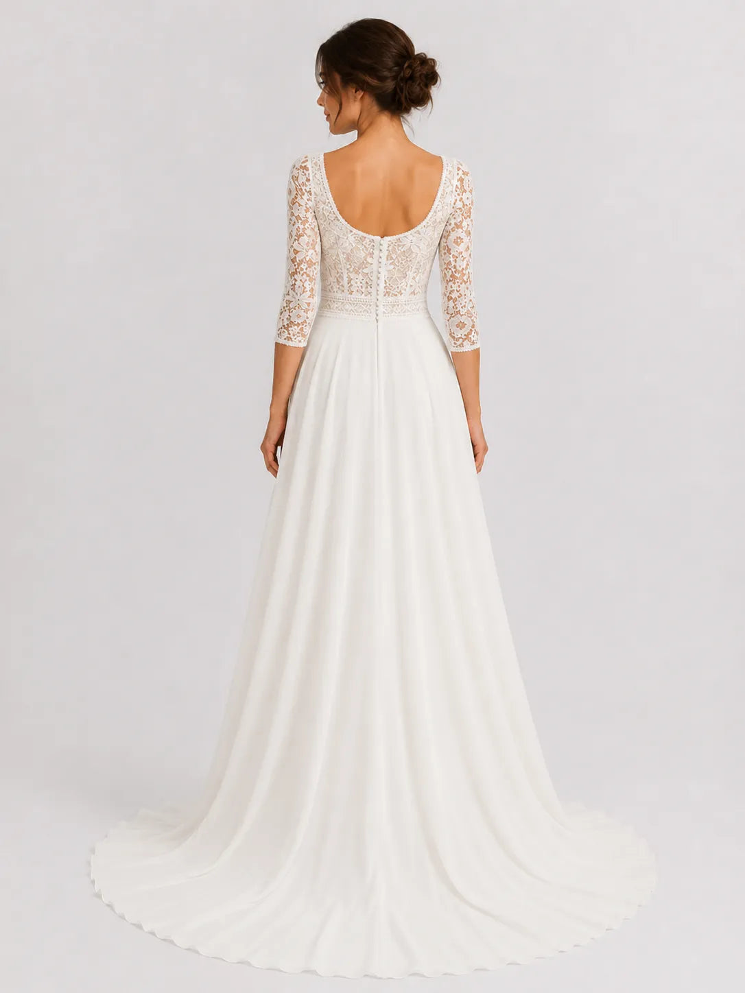 Elegant Square-Neck Lace A-Line Wedding Dress with 3/4 Sleeves and Low Scoop Back