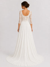 Elegant Square-Neck Lace A-Line Wedding Dress with 3/4 Sleeves and Low Scoop Back