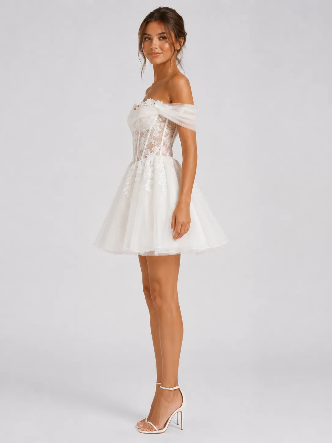 Elegant Off-Shoulder Lace Mini Wedding Dress with Floral Appliqués, Lace-Up Back and Tulle Skirt