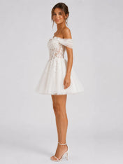 Elegant Off-Shoulder Lace Mini Wedding Dress with Floral Appliqués, Lace-Up Back and Tulle Skirt