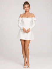 Off-the-Shoulder 3D Floral Long Sleeve A-Line Mini Wedding Dress