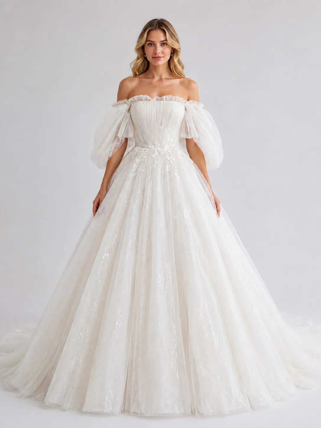 Romantic Off-the-Shoulder Puff Sleeve Glitter Tulle Ball Gown Wedding Dress with Floral Appliqué and Chapel Train