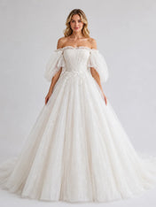 Romantic Off-the-Shoulder Puff Sleeve Glitter Tulle Ball Gown Wedding Dress with Floral Appliqué and Chapel Train
