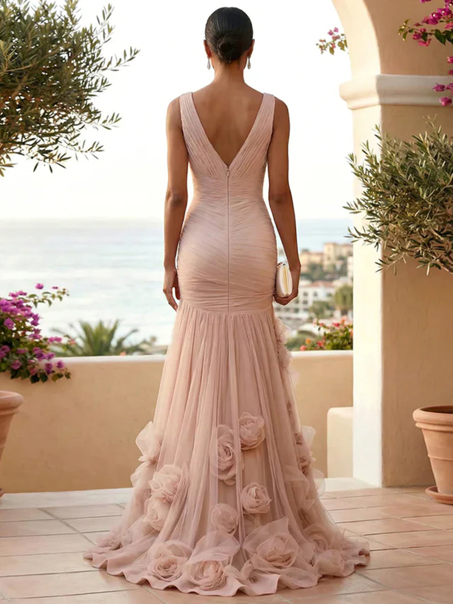 Sweetheart Tulle V Neck Pleat Mermaid Evening Dresses with 3D Flower