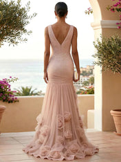 Sweetheart Tulle V Neck Pleat Mermaid Evening Dresses with 3D Flower