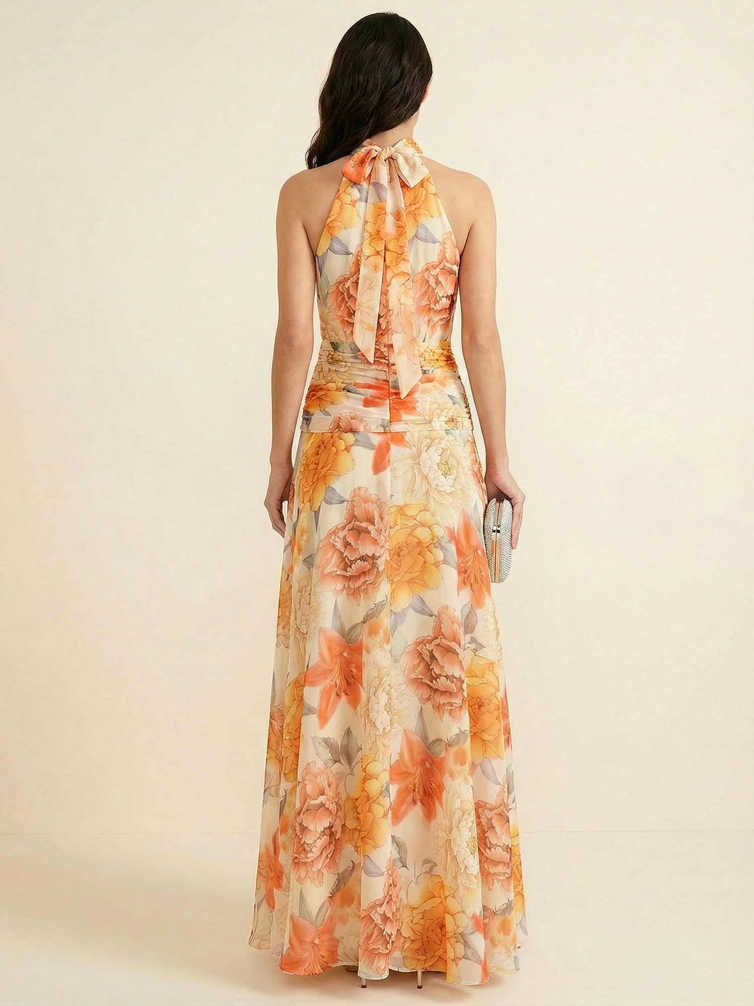Vibrant Halter High-Neck Floral Ruched Chiffon Maxi Dress