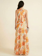 Vibrant Halter High-Neck Floral Ruched Chiffon Maxi Dress