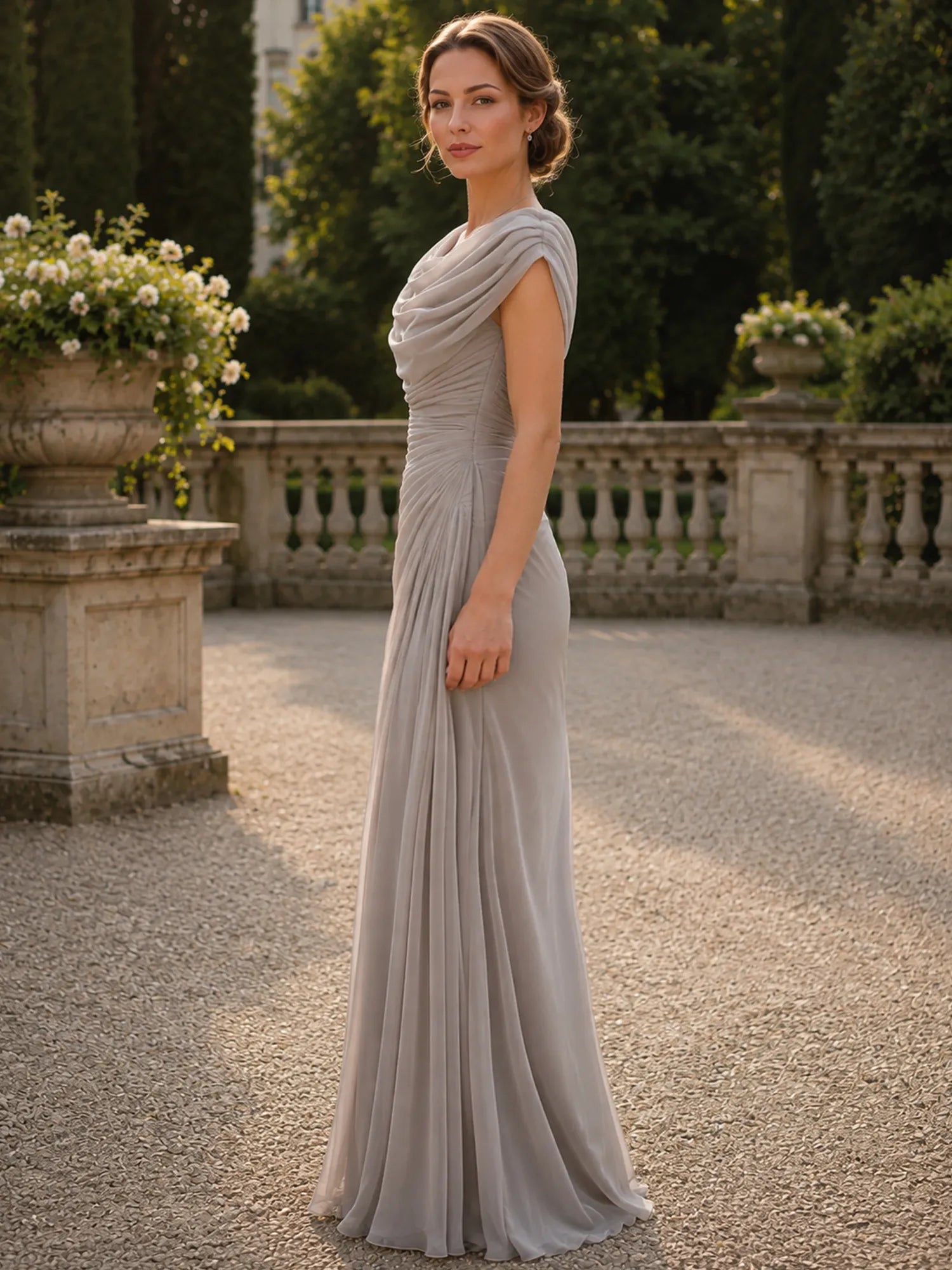 Cowl Neck Mermaid Evening Dresses with Flowing Floor-Length Skirt