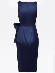 Purplish Blue Hotfix Embellished Bow Classic Crew Neck Sleeveless Sheath Midi Dress