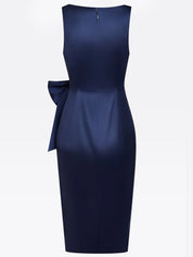 Purplish Blue Hotfix Embellished Bow Classic Crew Neck Sleeveless Sheath Midi Dress