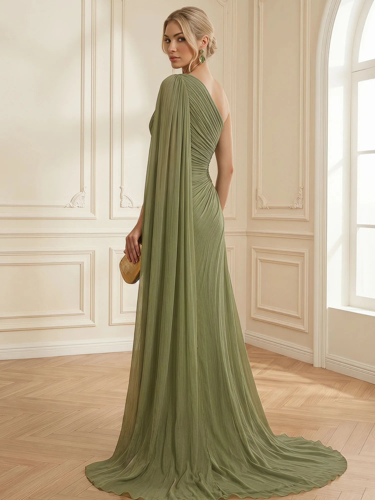 Sage Green One Shoulder Beaded Evening Gown with Cape Sleeve