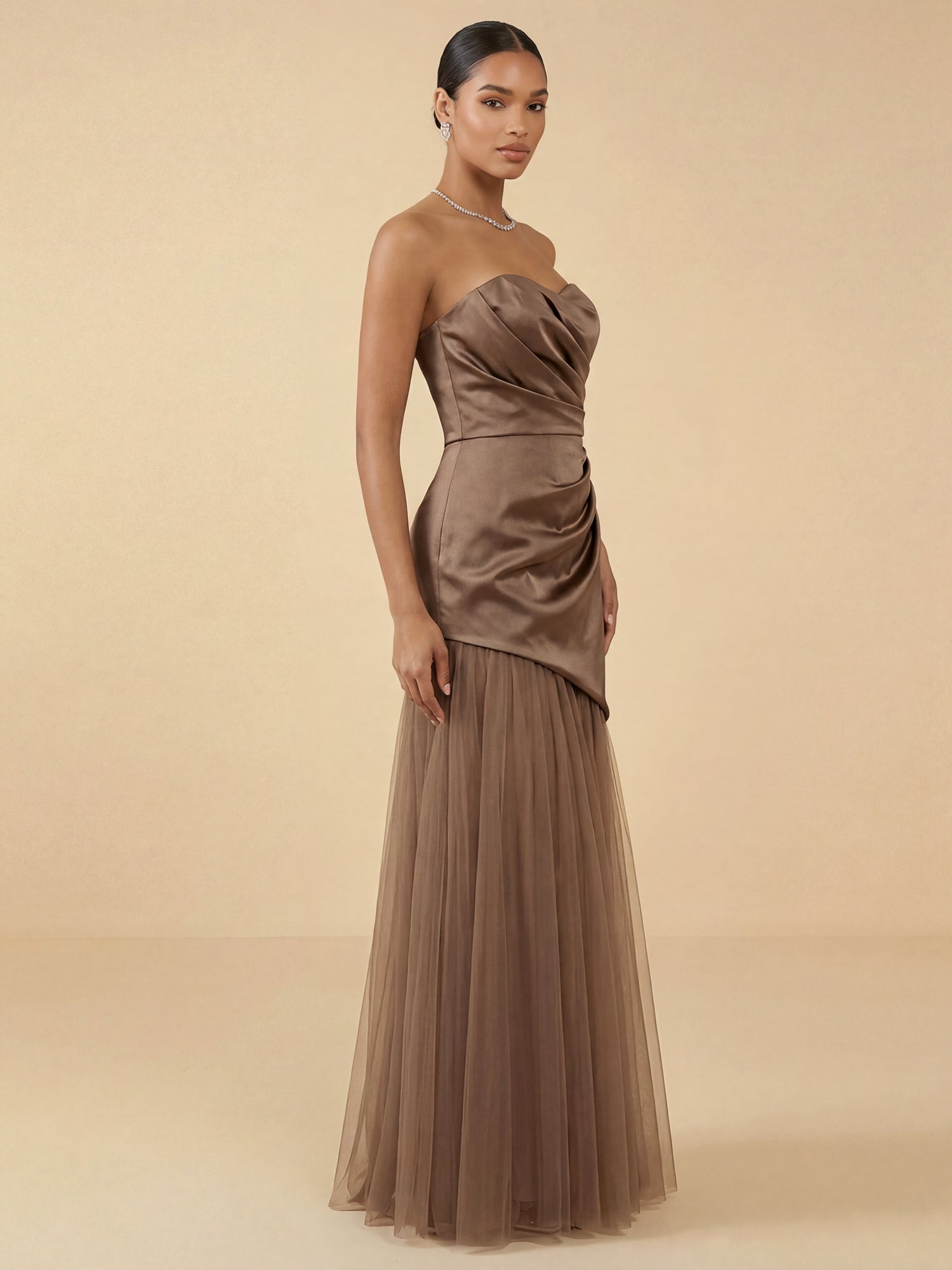 Strapless Satin Evening Gown with Draped Bodice and Tulle Skirt