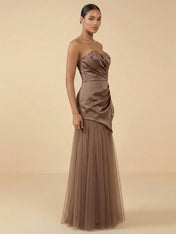 Strapless Satin Evening Gown with Draped Bodice and Tulle Skirt
