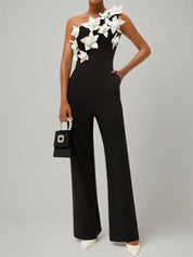 Women Black One Shoulder 3D Floral Wide-Leg Jumpsuit
