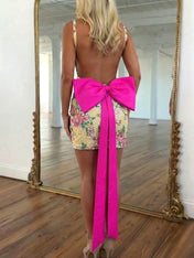 White Floral Embroidered Deep V-Neck Homecoming Dress with Oversized Bow Train