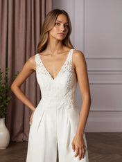 White Pant Styles V-Neck Lace Chiffon Wedding Dress