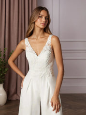 White Pant Styles V-Neck Lace Chiffon Wedding Dress
