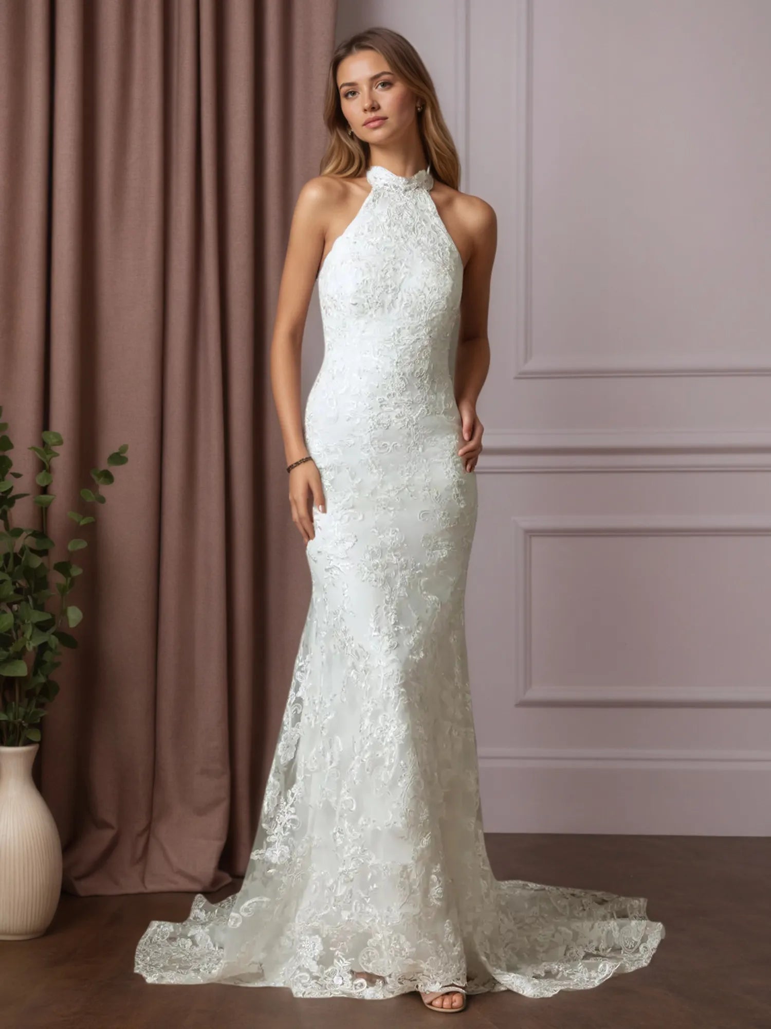 White Trumpet/Mermaid Pleated Lace Wedding Dress