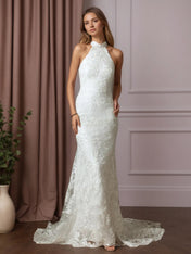 White Trumpet/Mermaid Pleated Lace Wedding Dress