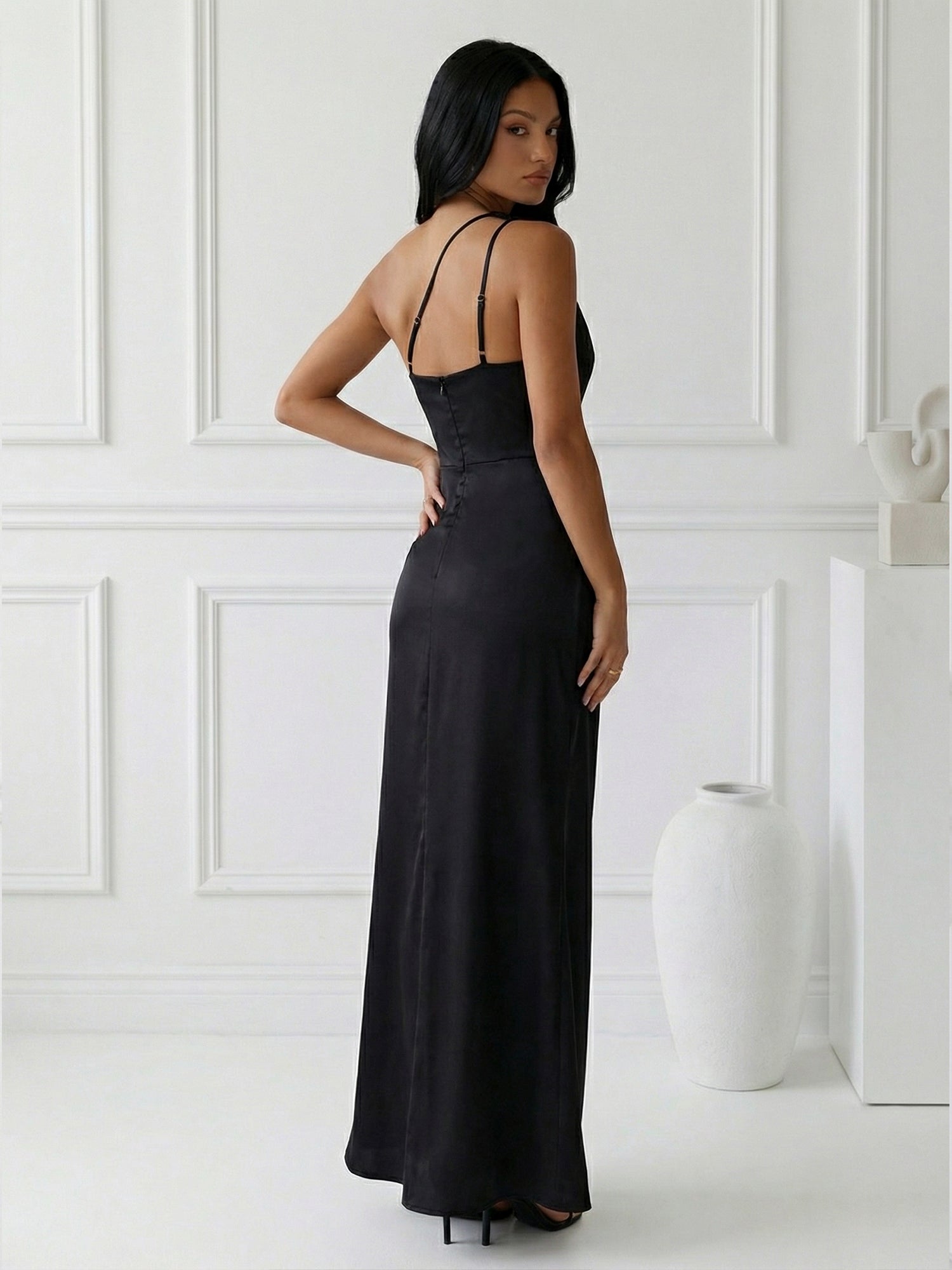 Navy Blue One Shoulder Mermaid Satin Maxi Dress with Slit