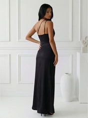 Navy Blue One Shoulder Mermaid Satin Maxi Dress with Slit