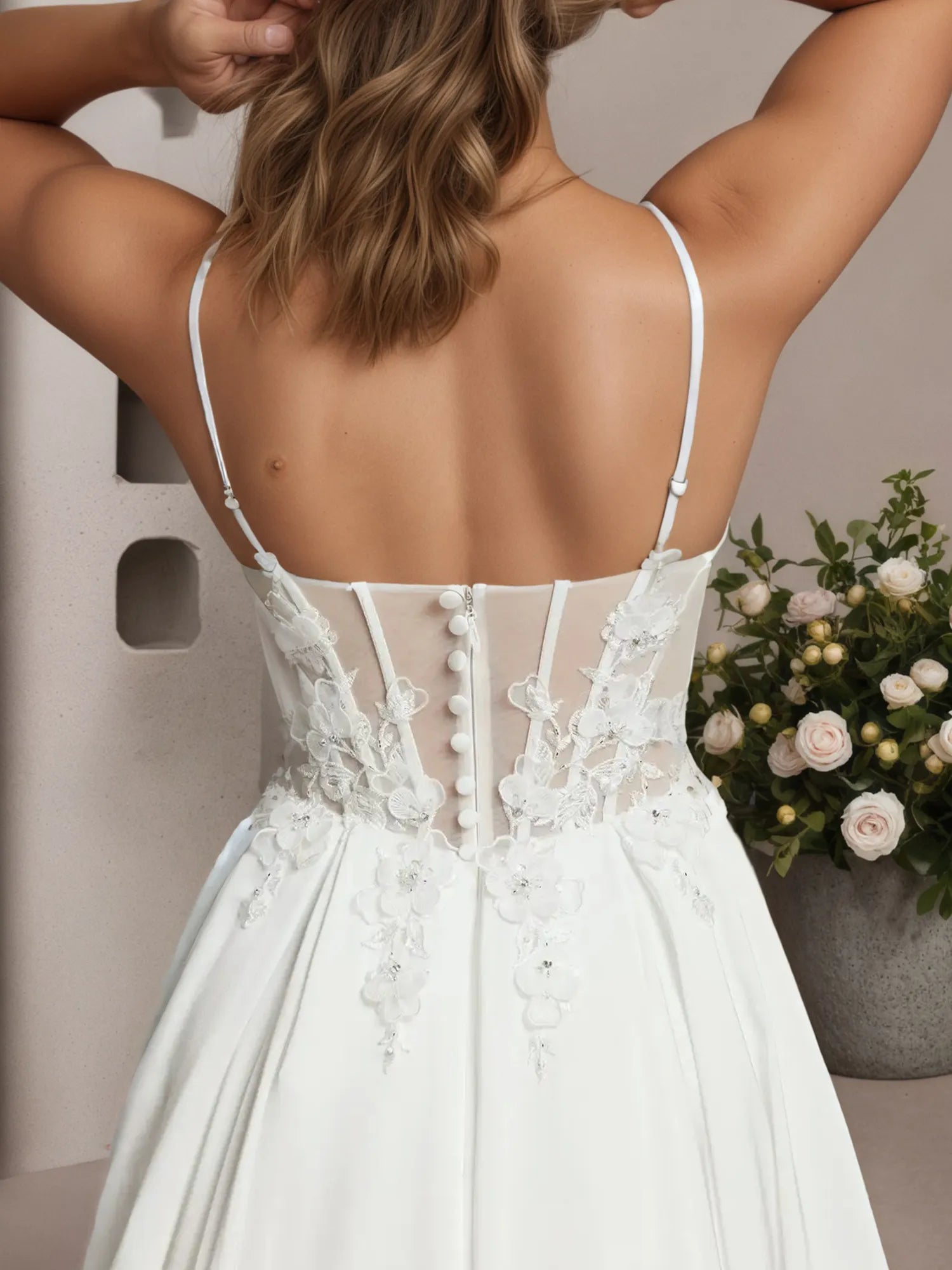 White A-Line Lace Stretch Satin Wedding Dress
