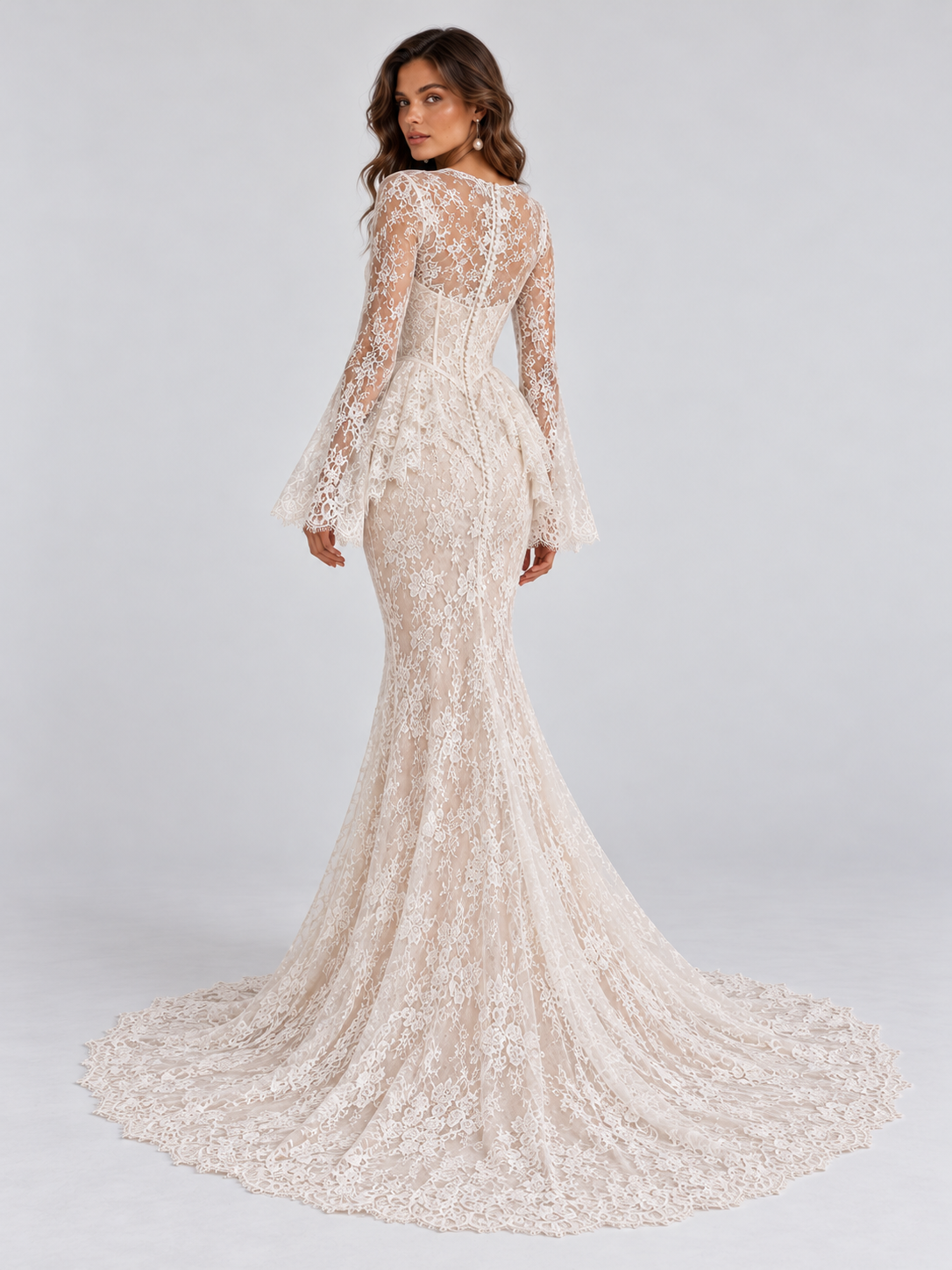 High-Neck Long-Sleeve Lace Mermaid Wedding Dress with Peplum