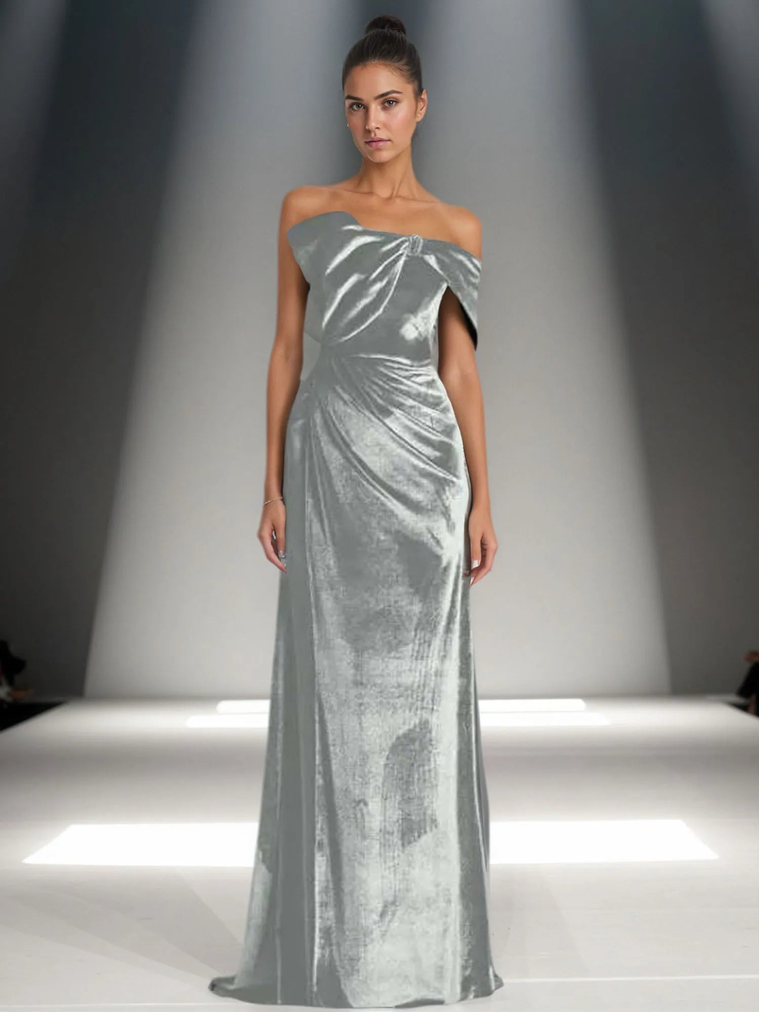 Off-Shoulder Bowknot Detail Velvet Maxi Gown Formal Evening Dress