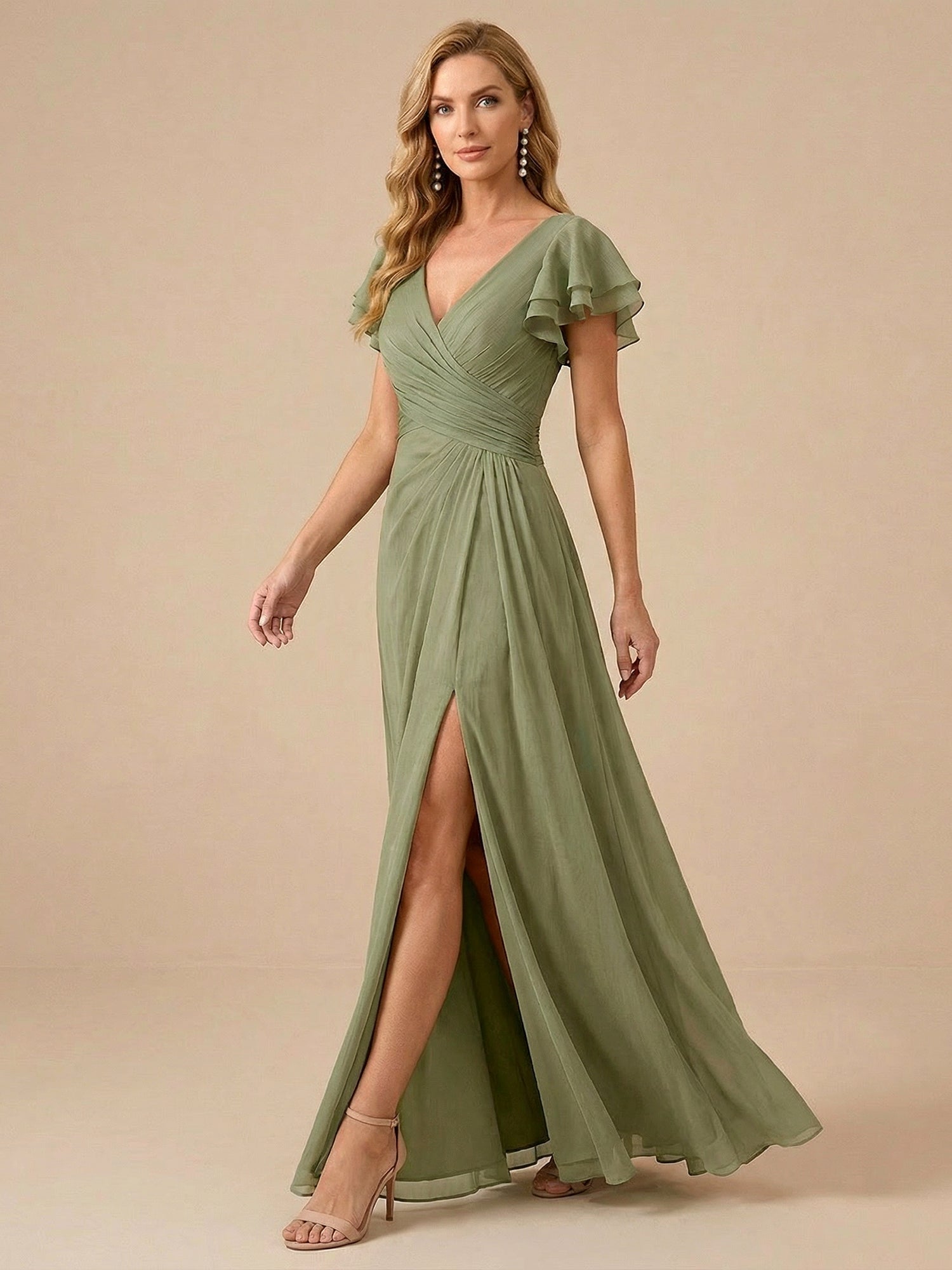 Sage Green V-Neck High-Slit Pleated Chiffon Dress