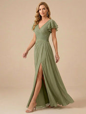 Sage Green V-Neck High-Slit Pleated Chiffon Dress