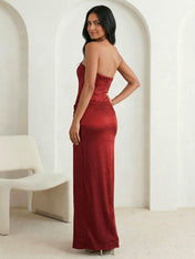 Red Strapless Satin Mermaid Pleat Maxi Dress with Slit