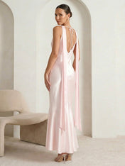 Pink V Neck Satin Mermaid Maxi Dress with Ruffle