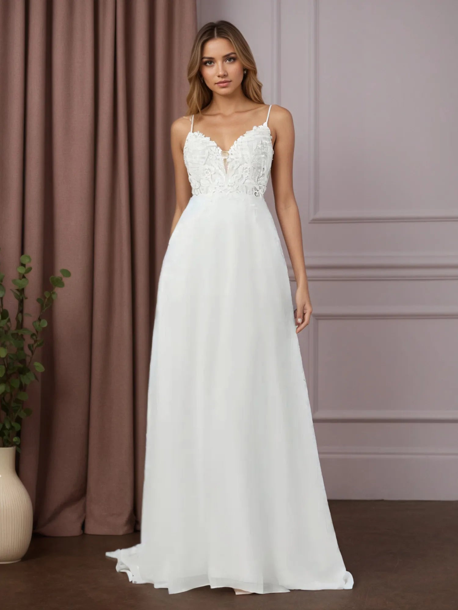 White A-Line V-Neck Sleeveless Sequins Chiffon Wedding Dress