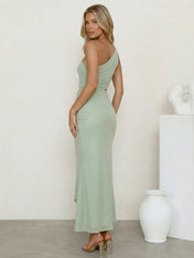 Sage Green One Shoulder Mermaid Satin Maxi Dress Tea Length
