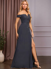A-line Off the Shoulder Floor-Length Lace Chiffon Evening Dress With Sequins