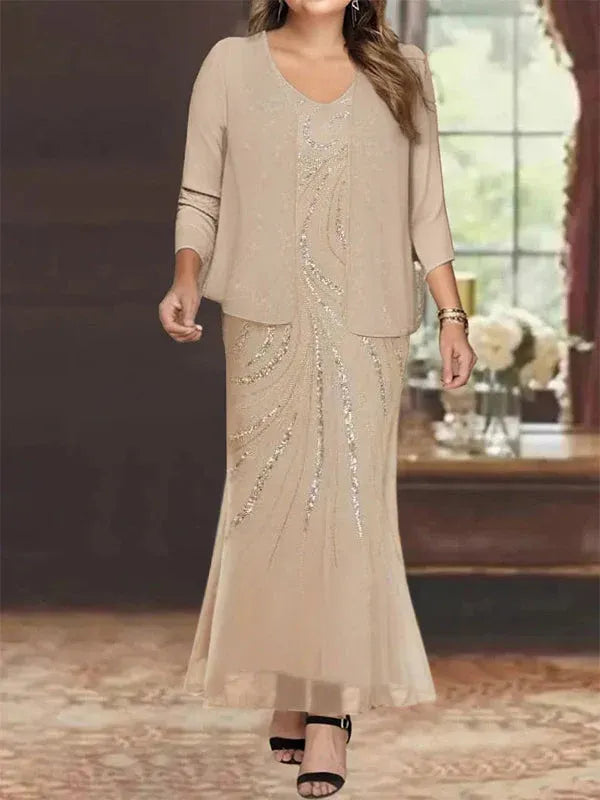 Robe de mère de la mariée fourreau/colonne, col en V, longueur cheville, avec veste et paillettes 